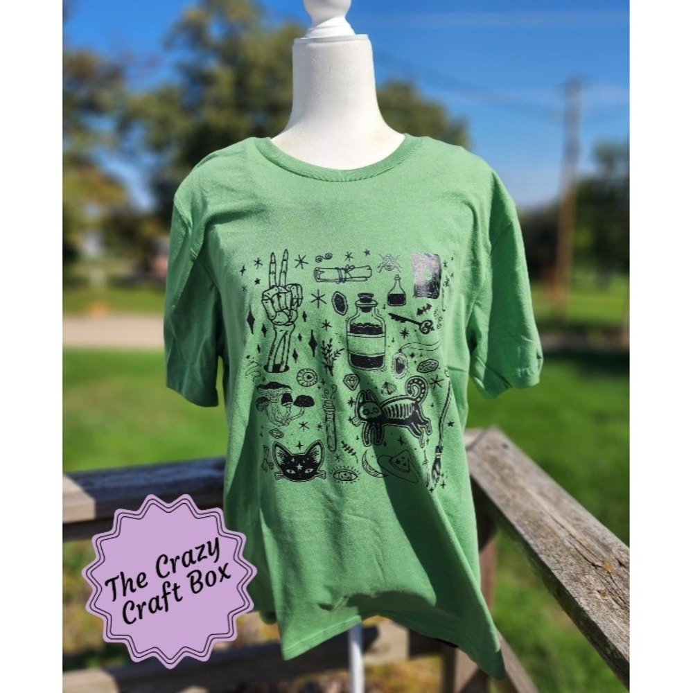 Bella Canvas Green Witchy Graphic Tee XL Skeleton Cat Potion Boho Halloween